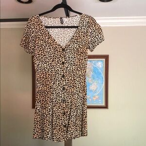 H&M Brown and Cream V-Neck Puff Sleeve Mini Dress